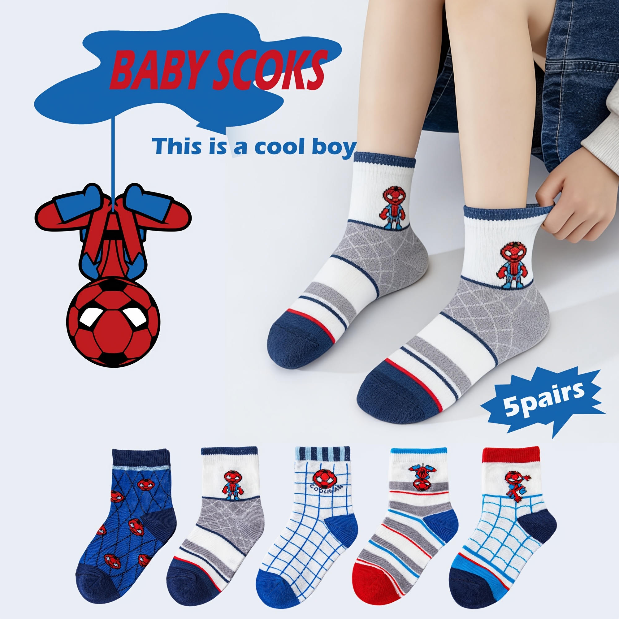 TEMU Random 5 Pairs Of Fashionable Cartoon Pattern Round-neck Socks, Breathable, Comfortable, Casual, Street Style, Unisex Socks, Suitable For Boys'