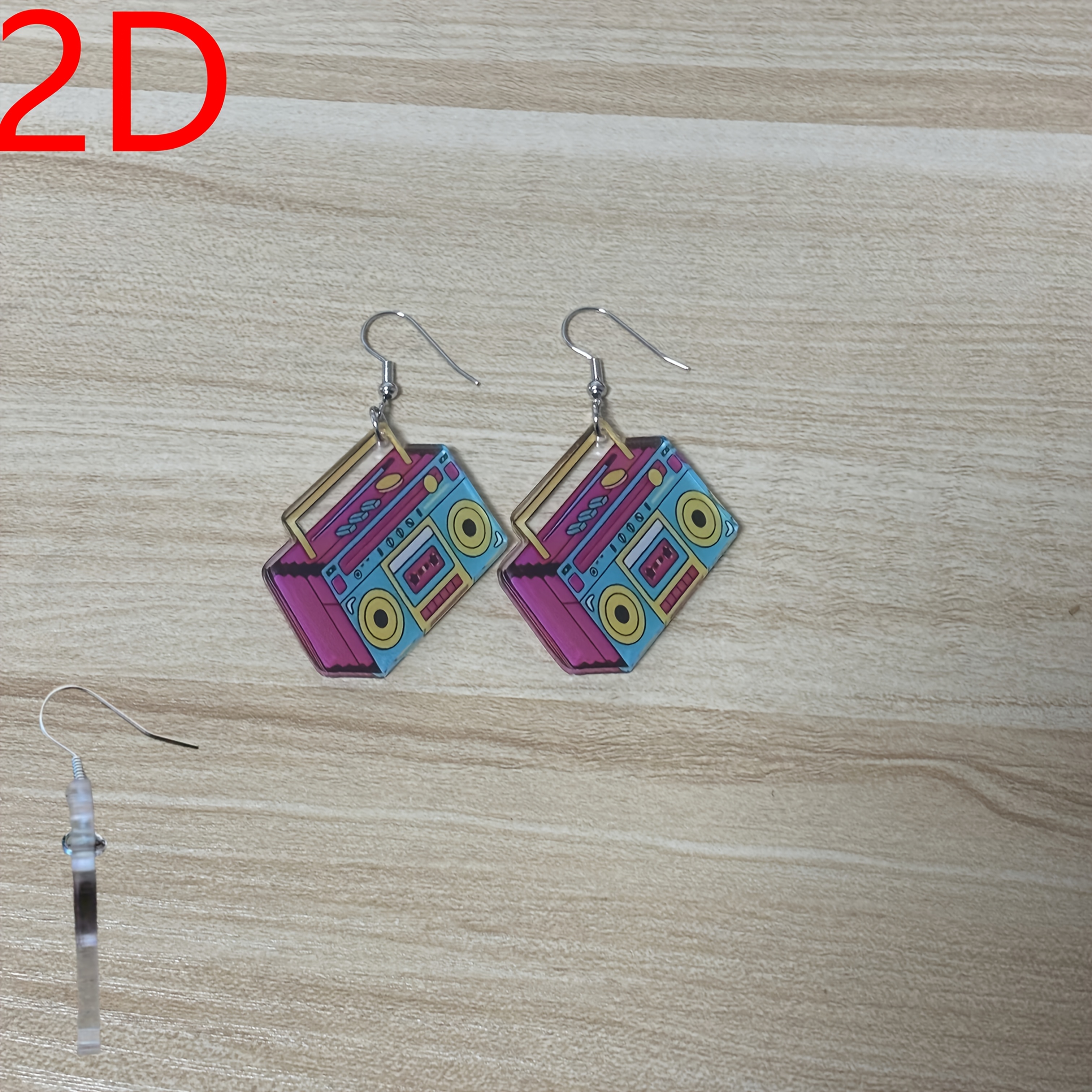 2d Flat Fun Cartoon Humorous Fashion Exquisite Gorgeous Colorful Trendy Colorful Retro Box Cassette Sound Small Durable High Quality Acrylic Pendant Earrings, Exquisite