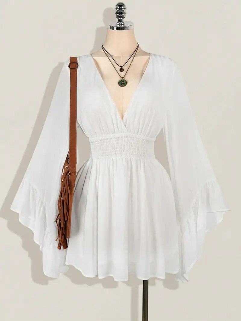 v neck ruched waist a line flared sleeve dress bohemian - Temu Mauritius v neck ruched waist a line flared sleeve dress bohemian - Temu Mauritius