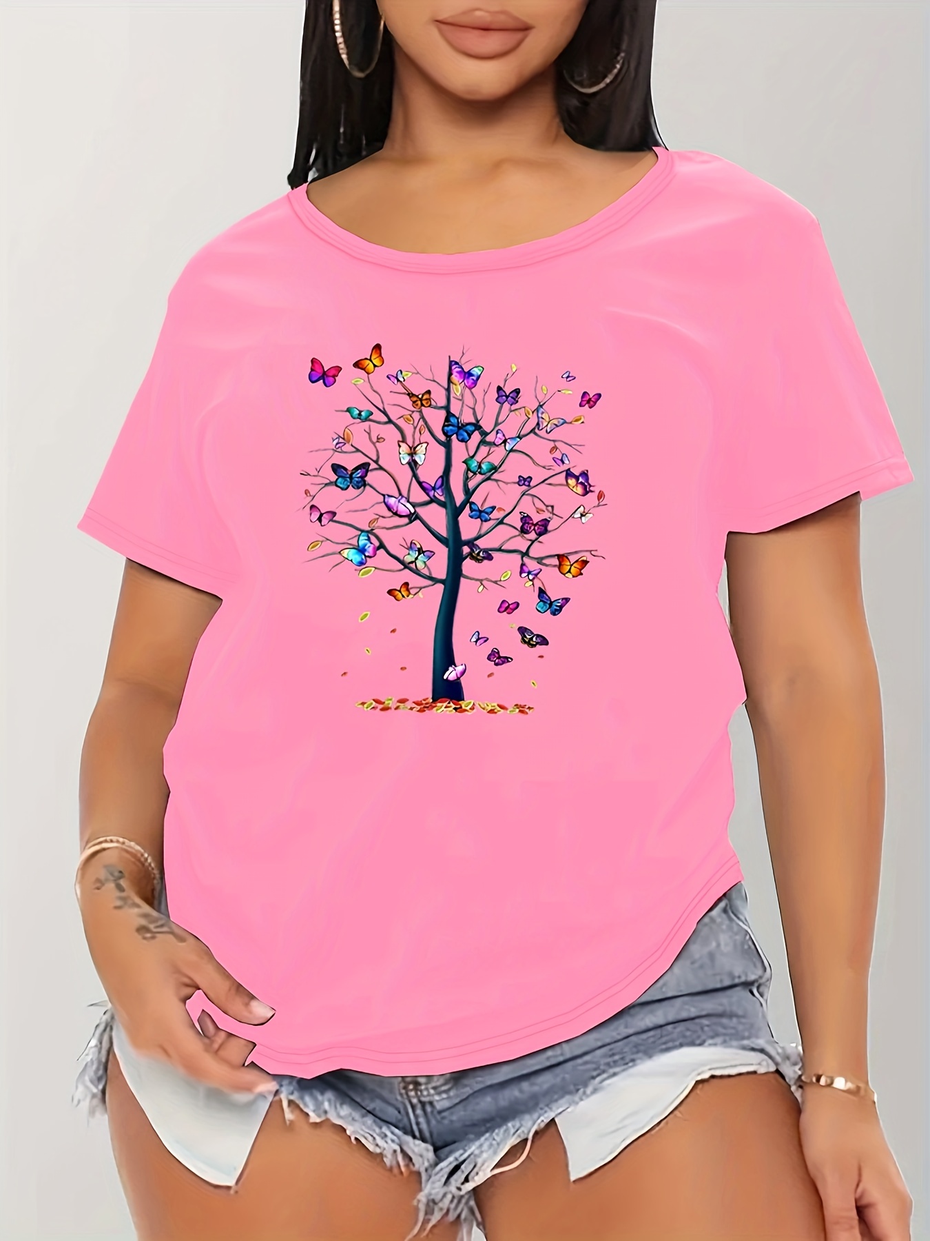 Butterfly Tree Print Crew Neck T-Shirt, Casual Short Sleeve T-Shirt For Spring & Summer, Women's Clothing