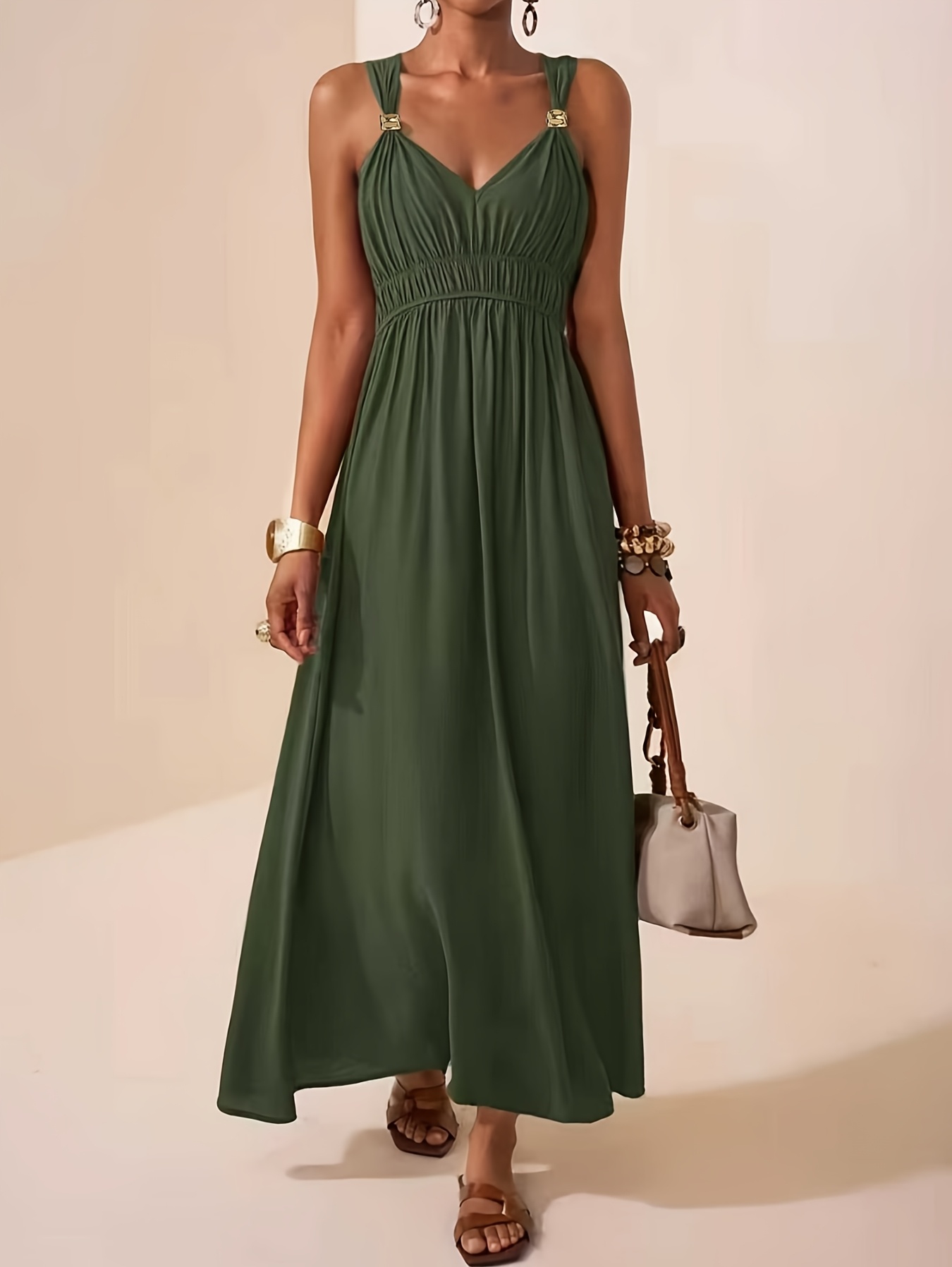formal grunge dress Khaki Green Voluminous Maxi Dress – Tencel