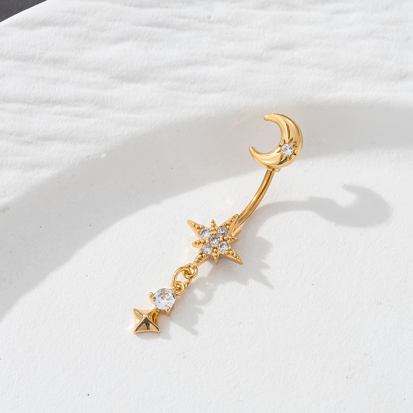 Image of 1pc Women's Belly Button Ring, Sexy Synthetic Synthetic Zirconia Inlaid Moon And Star Pendant Piercing Belly Ring, Party Banquet Jewelry Accessory