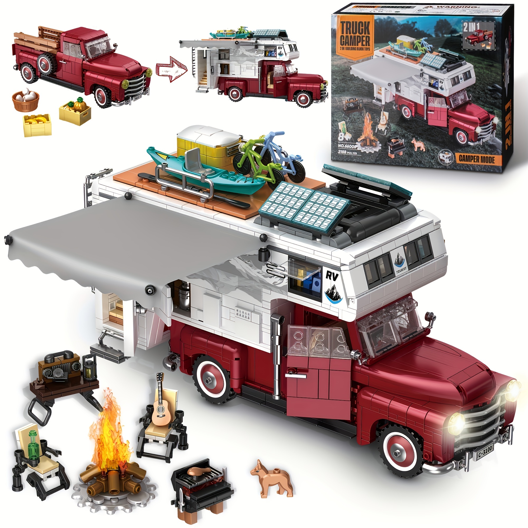 

Building Set, 2 In 1 Camper Rvs Pick- Toy For Teens And Adults, 2188pcs