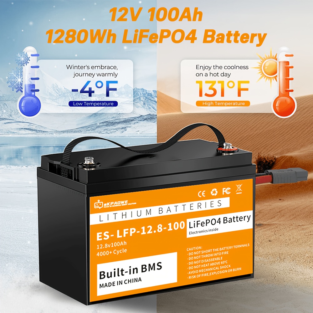 12V 100Ah Lifepo4 Li-Ion baterija, življenjska 10 let, kompatibilna s solarnim polnjenjem za avtodome, kampiranje, solarno shranjevanje in