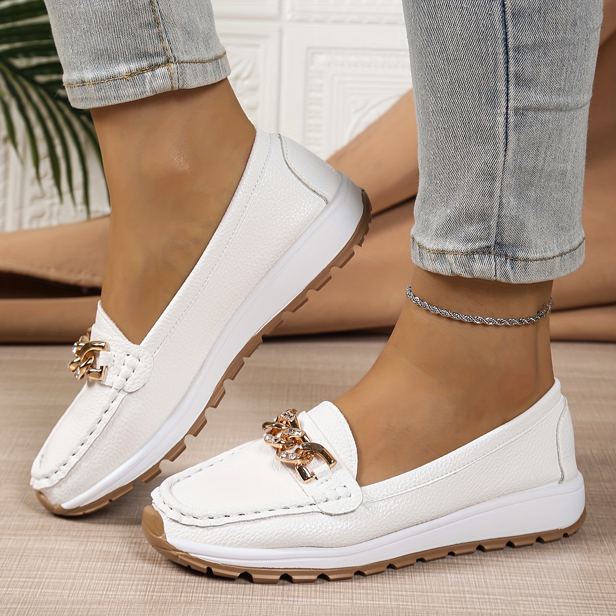 Women's Casual Slip-on Loafers - White Synthetic, Rubber Sole, Lightweight, Shoes, Comfortable Footwear | Stylish Loafers | Rubber Sole Shoes