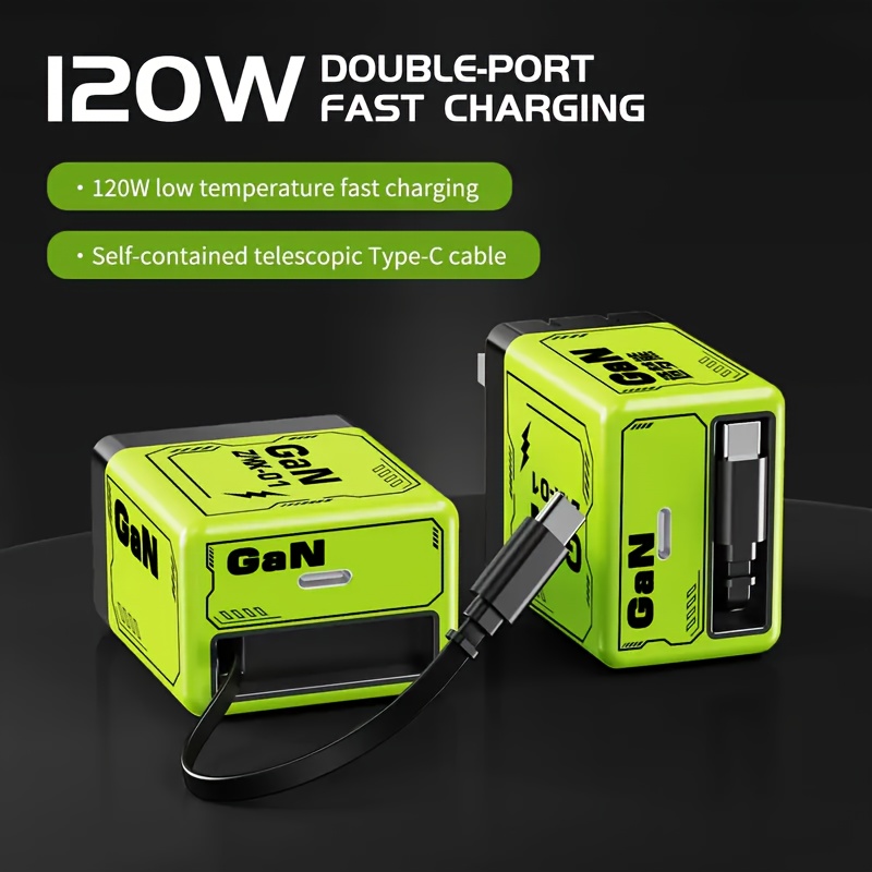 二合一 120 瓦可伸缩充电器，带 c 型电缆和 usb 端口，便携式快速充电壁式插头可扩展快速充电器模块，适用于手机和笔记本电脑, 旅行充电器,笔记本电脑电源适配器,紧凑设计,现代充电解决方案,高效充电模块,多端口充电器,学生,科技爱好者 商品详情 1