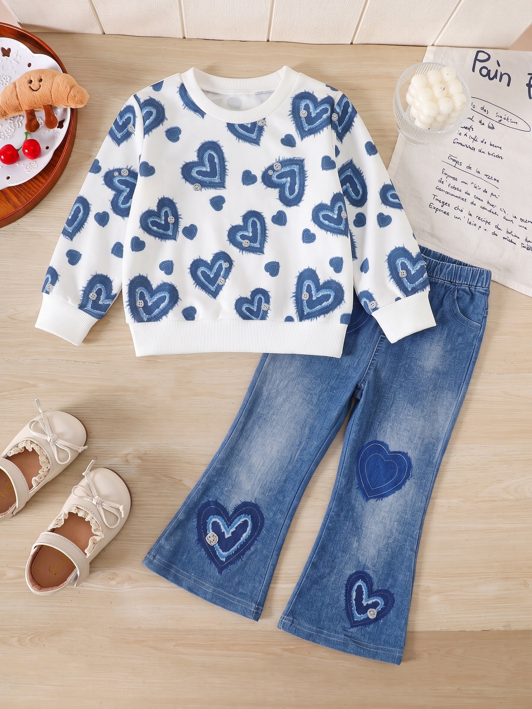 item picture 2pcs set 1 baby   heart   ribbed sweatshirt and heart   denim   flared pants set suitable for autumn and winter outdoor casual sports gift for children   and comfortable fabric for outdoor christmas halloween