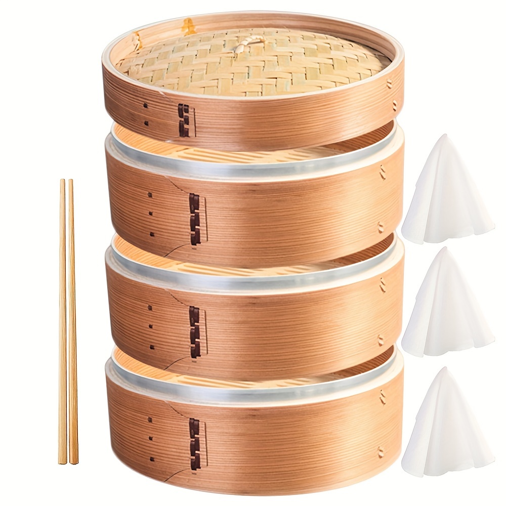 

Deepen 3 Tiers Kitchen Wood Steamer With Stainless Steel Rings | 1 Pair Of Chopsticks 3 Liners | Asian Cooking Buns Dumplings Vegetables Fish Rice (9.4, 10.6, 11.8 Inch)