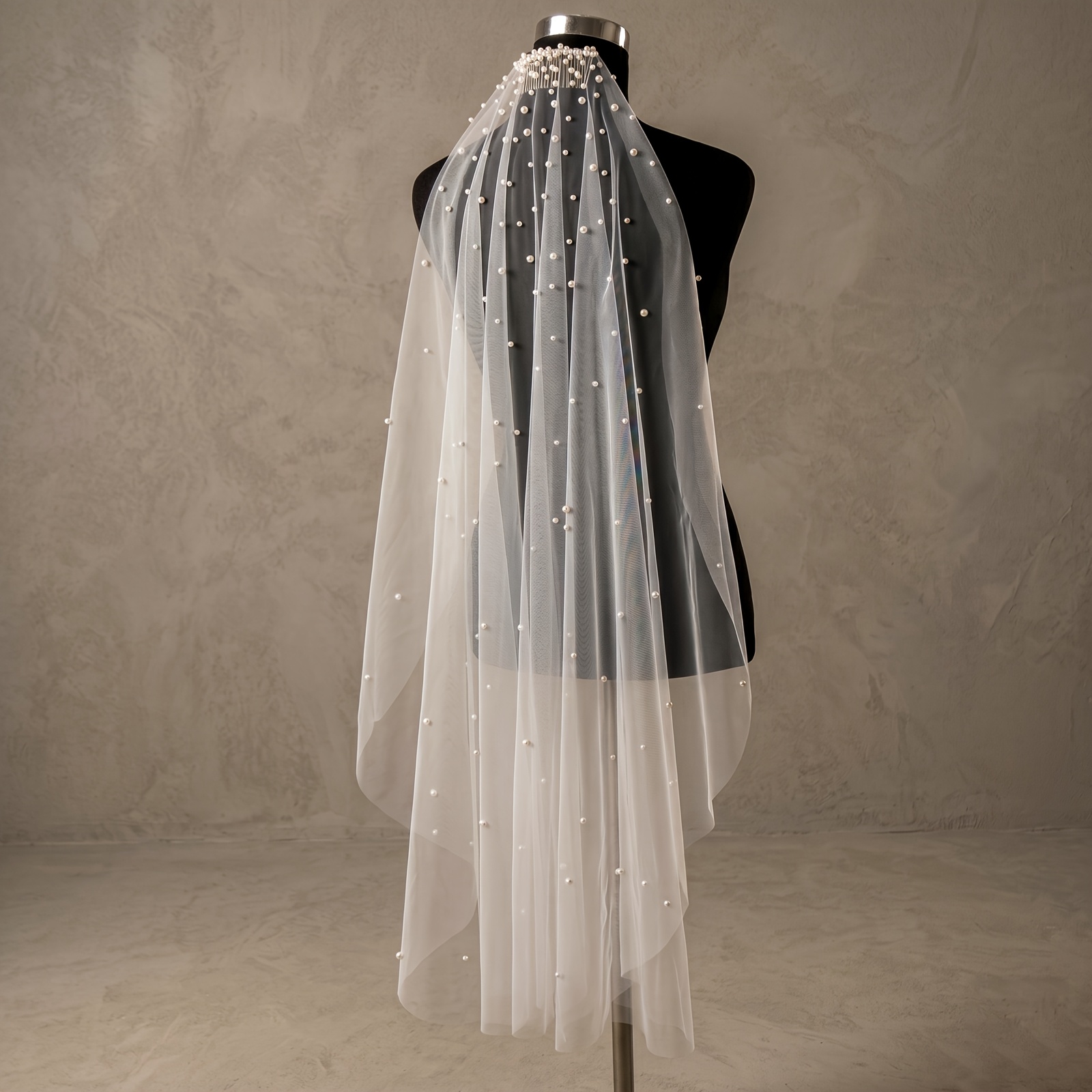 TEMU Bandeau de perles pour mariée tendance avec peigne à cheveux en métal, voile de mariée blanc de longueur doigt, accessoire de coiffure pour