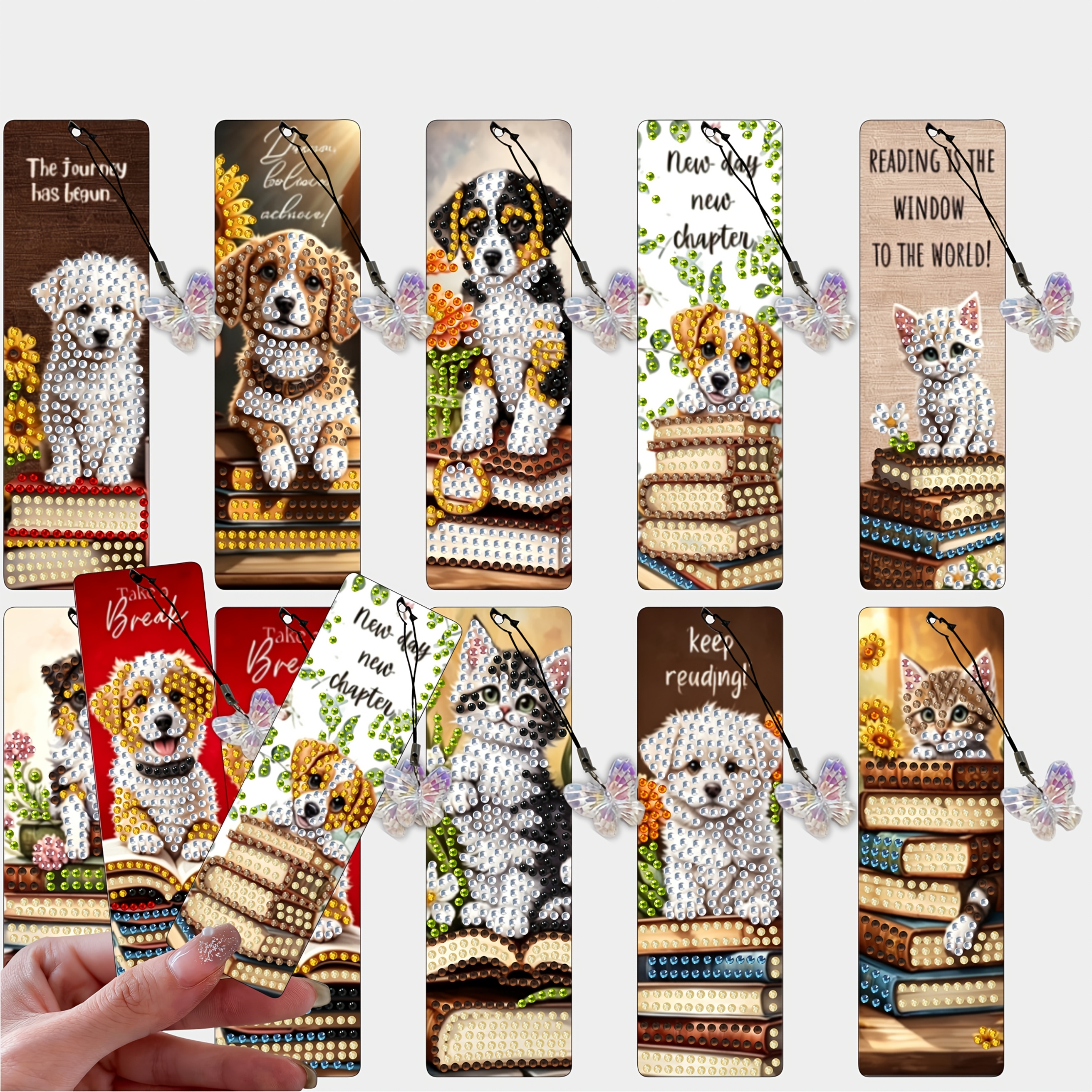 TEMU 10pcs Set Of Different Puppy And Book Stack Patterns, Diamond Painting Bookmarks, Crystal Rhinestone Bookmarks, Easy , With Lanyard And Bow