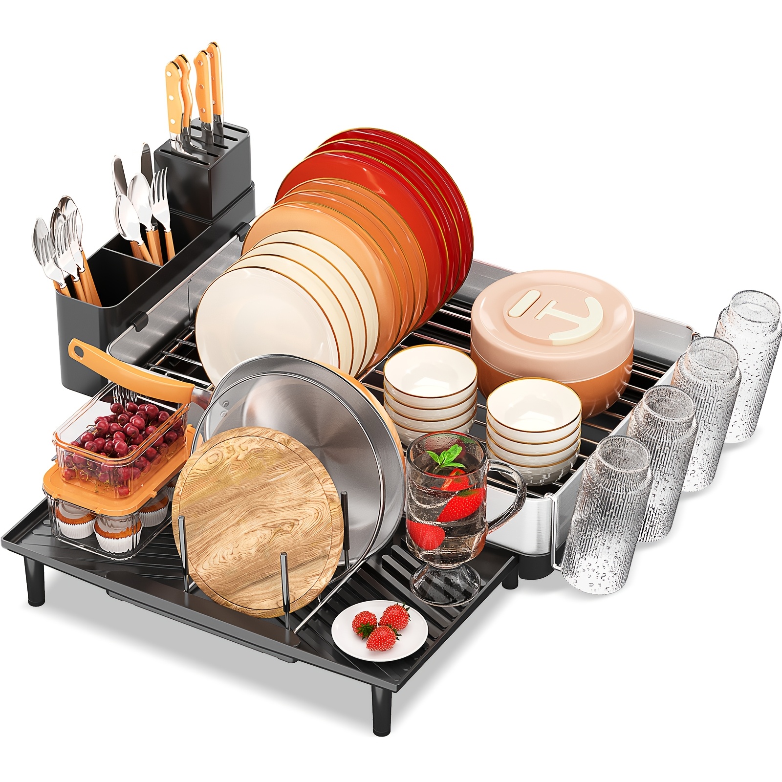 TEMU Kingrack 304 Stainless Steel Dish Rack, Dish Drainer, Large Dish Strainer With Cup Holder, Cutlery Holder, Expandable Dish Drying Rack For