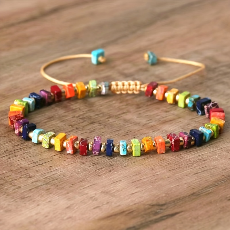 

1pc Bohemian-style Unisex Vacation Bead Bracelet, Retro Adjustable Natural Accessory, Colorful Woven Bracelet, Rainbow Jewelry, Couple Gift For Girlfriend Boyfriend