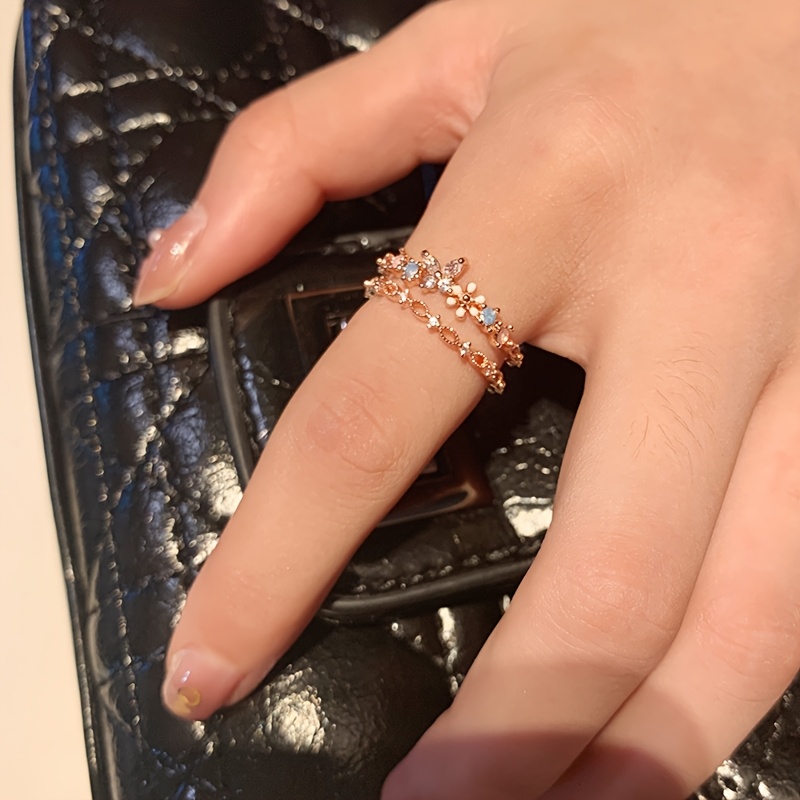 TEMU 1pc Adjustable Rhinestone Flower - Ethereal Floral Accent Ring, Women's Exquisite Two-tier , Elegant Everyday Jewelry Gift, Floral Ornament