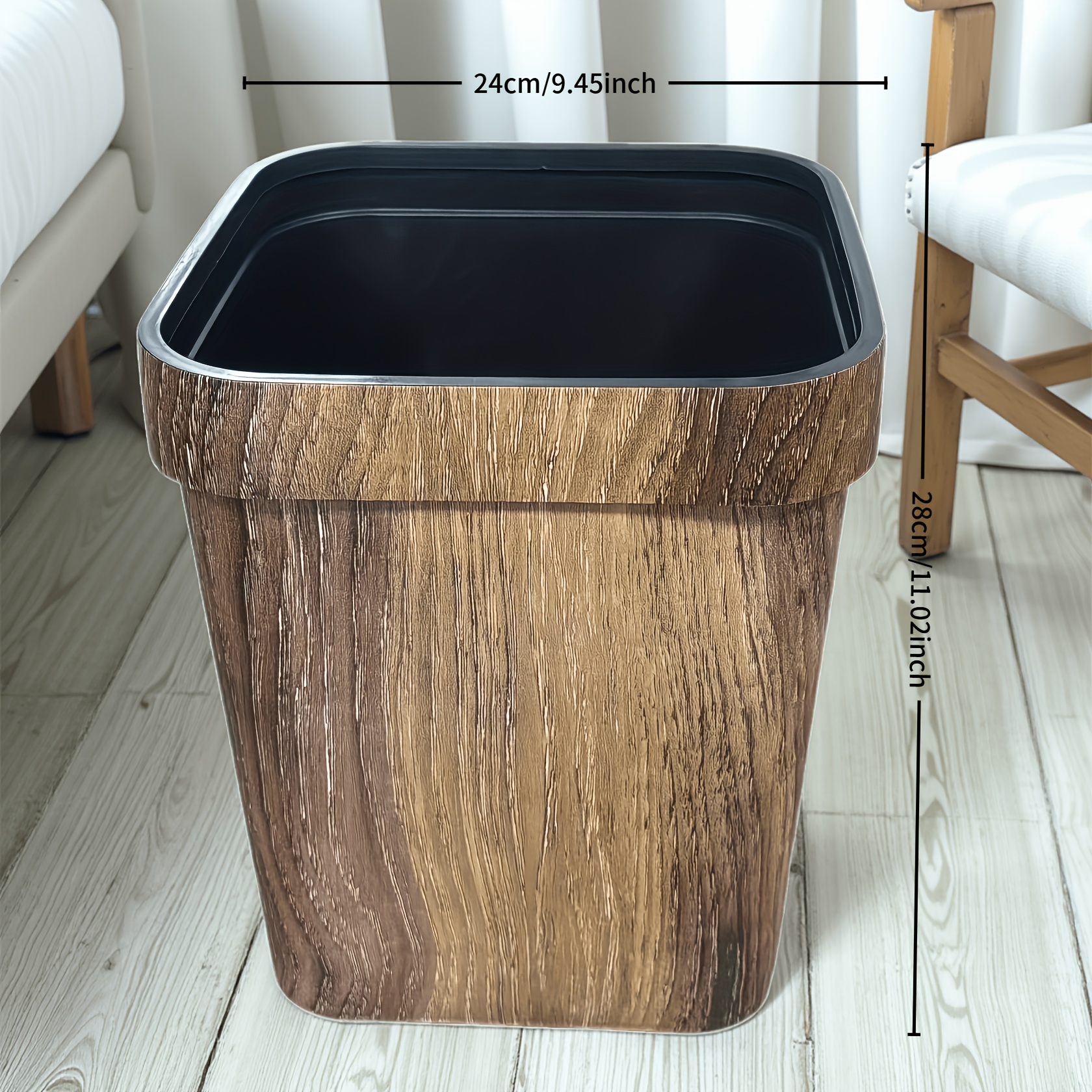 Vintage Wood Grain Trash Can - Durable Plastic Square Waste Bin For Home And Office, Office Trash Can, Modern