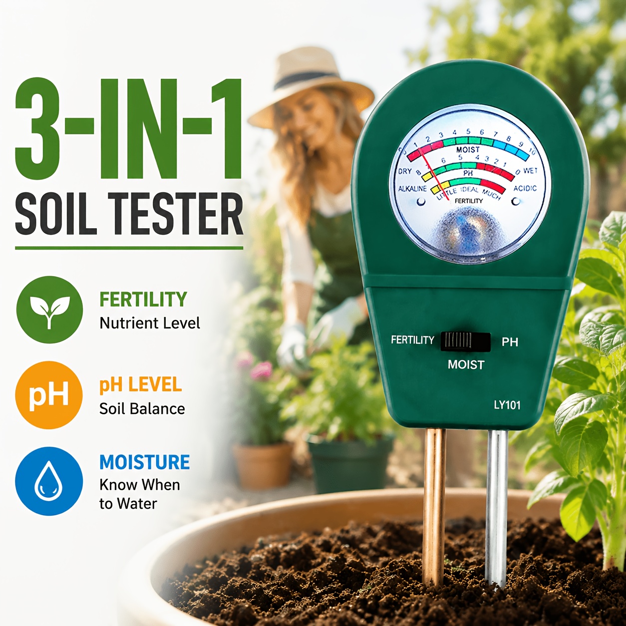 1 buc. Tester de sol multifuncțional pentru pH, tester de umiditate și fertilitate a solului, test rapid fără baterii, plug-and-play, potrivit pentru seră, grădină, interior, exterior, instrumente de horticultură, plantare