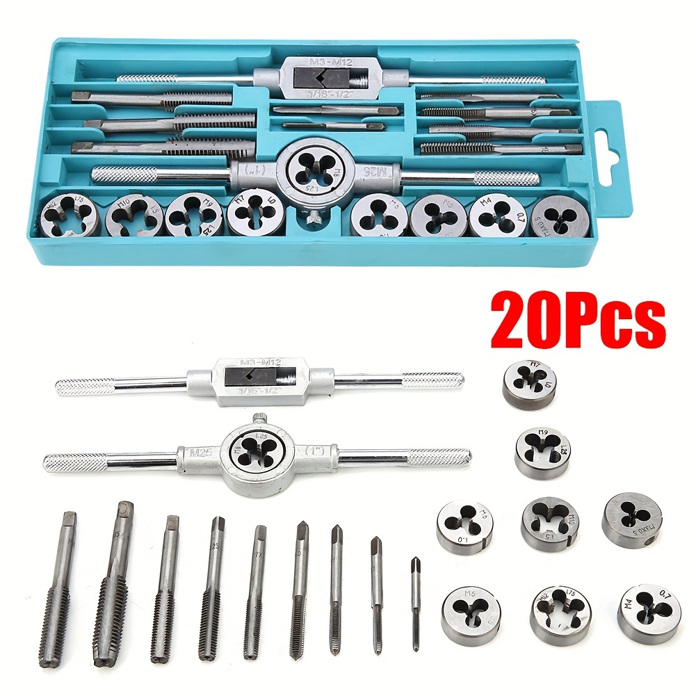 

20pcs Tap And Die Set - Metric Size M3, M4, M5, M6, M7, M8, M9, M10, M12 Tap Set And Die Set Threads Tapping Threading Tool Kit With Wrench Handle, Storage Box