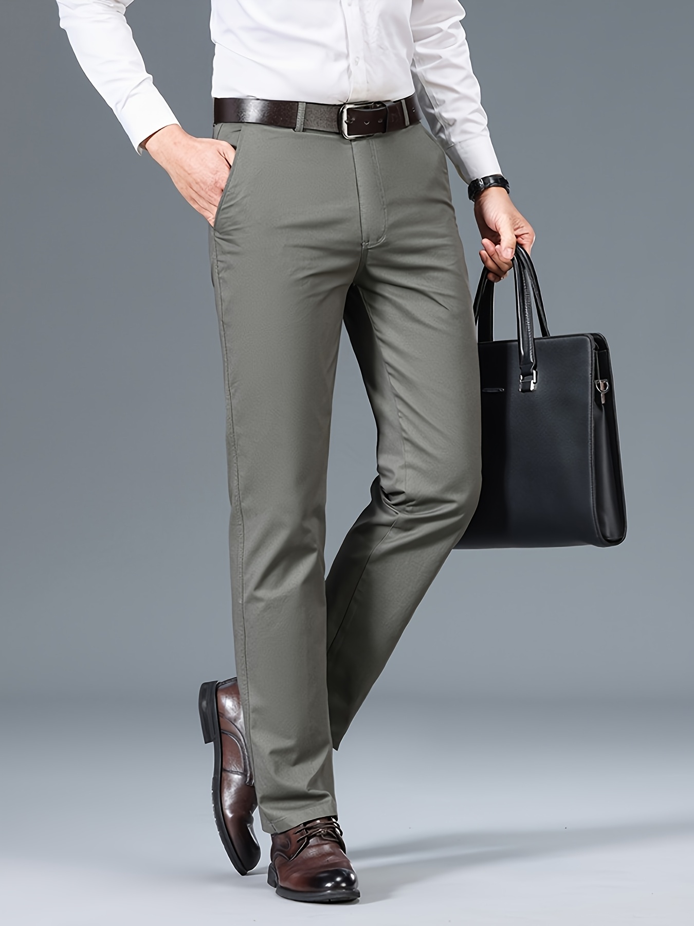 Men's Light Business Cotton Dress Pants - Straight Leg, Olive Green, 100% Cotton, Perfect for Office or Casual Outings