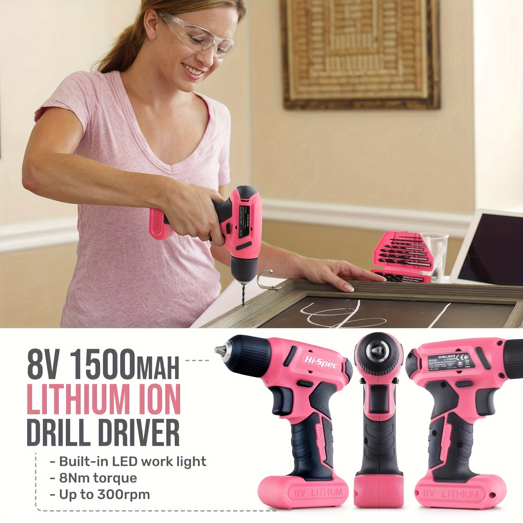 pink screwdriver 58in1 rechargeable electric screwdriver set 8v household electric drill pink multifunctional toolbox power tool sending mom girlfriend and gifts Product details 2