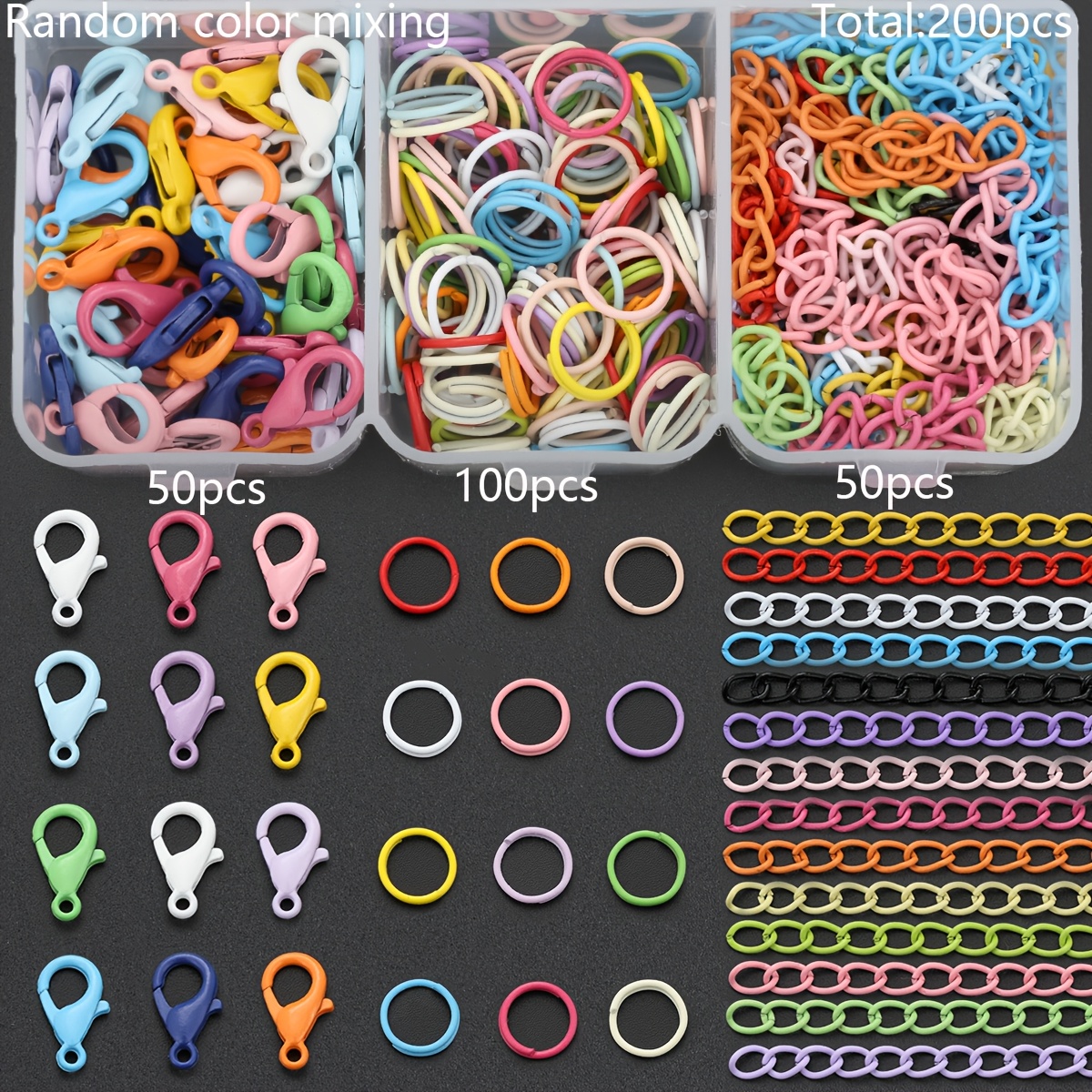 TEMU 200 pezzi/scatola di chiavi portachiavi in di , parti per casuali di colori misti, 50 pezzi di moschettoni a , 100 pezzi di anelli di saldatura,