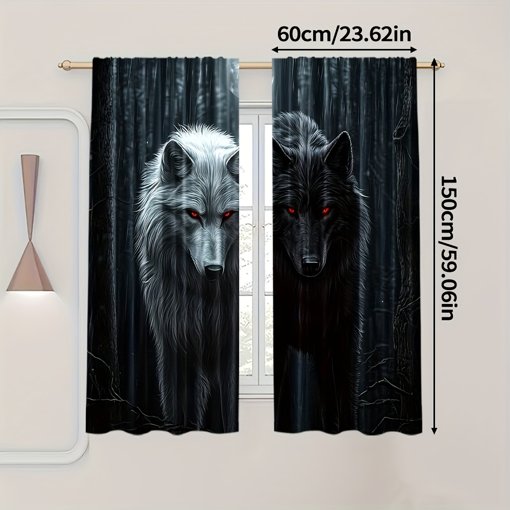 TEMU 2d Flat, 2pcs, 2d Flat Printing Popular Curtains 2d Wolf Machine Washable Fabric (without Rod,no Movement, No Battery) Decorations For Living
