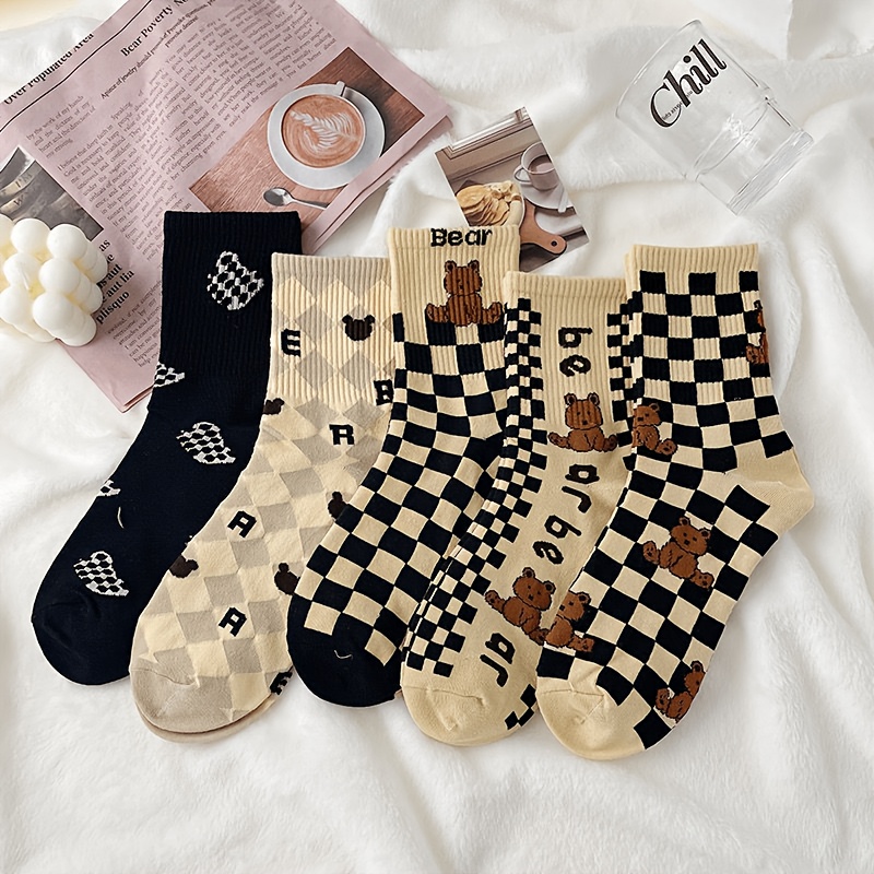 TEMU Lot de 5 paires de chaussettes pour coréen vintage à motif et - Douces et respirantes, , adaptées à toutes , avec imprimé et lettres, , adaptées