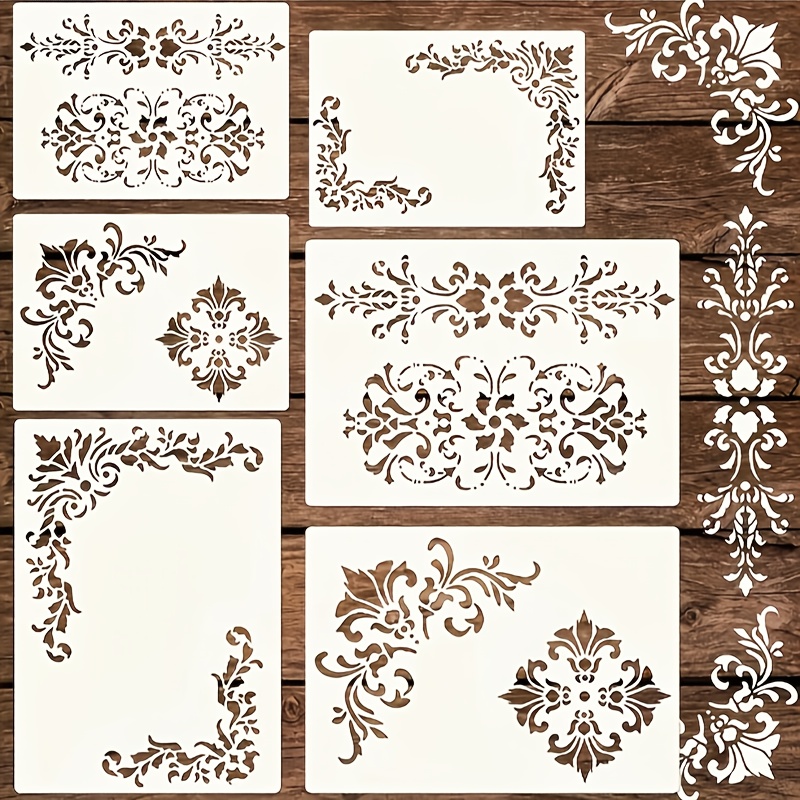 Image of 6pcs Vintage Damascus Wreath Stencil Set - Reusable For Wood, Canvas, Paper, Fabric & Floor Diy Crafts, & Furniture Templates, Wall Stencils, Best For Christmas, Thanksgivin