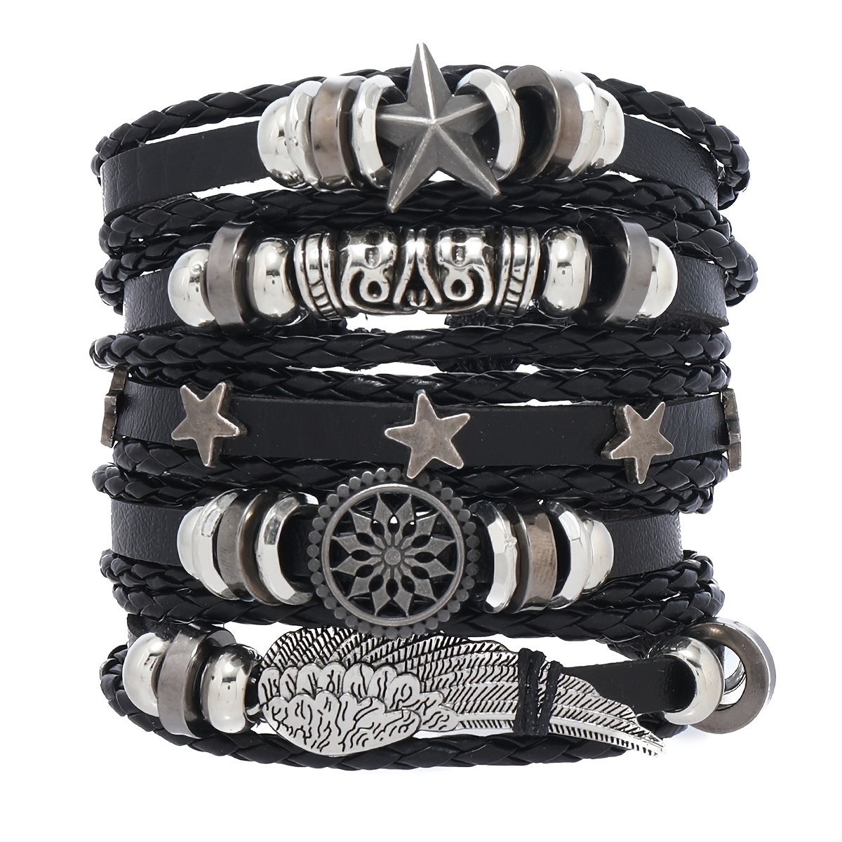 Image of 5pcs Set Of Faux Leather Bracelets, Hand-woven Faux Leather Bracelets In A Retro Punk Style