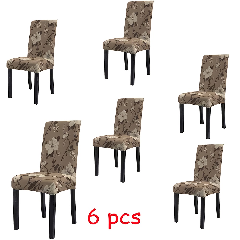 TEMU Set Of 2/4/6 Modern Minimalist Stretch Chair Covers Featuring Floral Vine Designs With White Flowers On A Brown Background, Elegantly Printed.