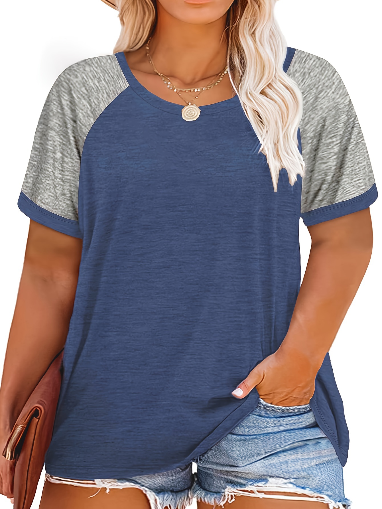 Plus Size Women's Summer Casual Raglan Color Block T-Shirt - Teal & Heather Grey Short Sleeve Loose Fit Tee, Breathable Round Neck Top for Casual Attire, Ladies T Shirts, Smooth Texture Shirt, Soft Fabric Tee