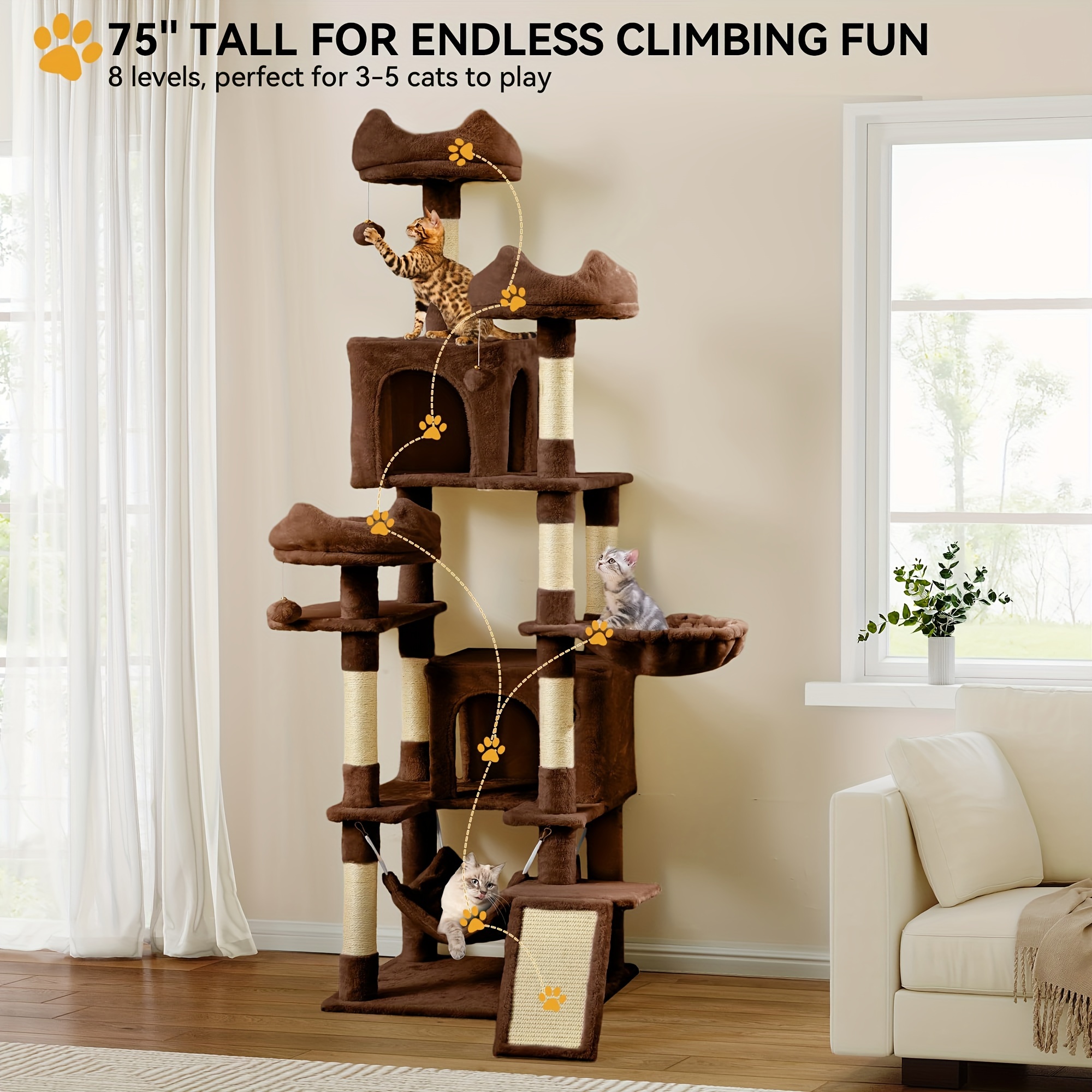 

Gardnfun Cat Tree Tower For Indoor Cats, 75 Multi- Level Cat Climbing Tower With Cat Condos, Top , Hammock, Sisal Scratching Posts And Board, Kittens Play Activity Center, Brown