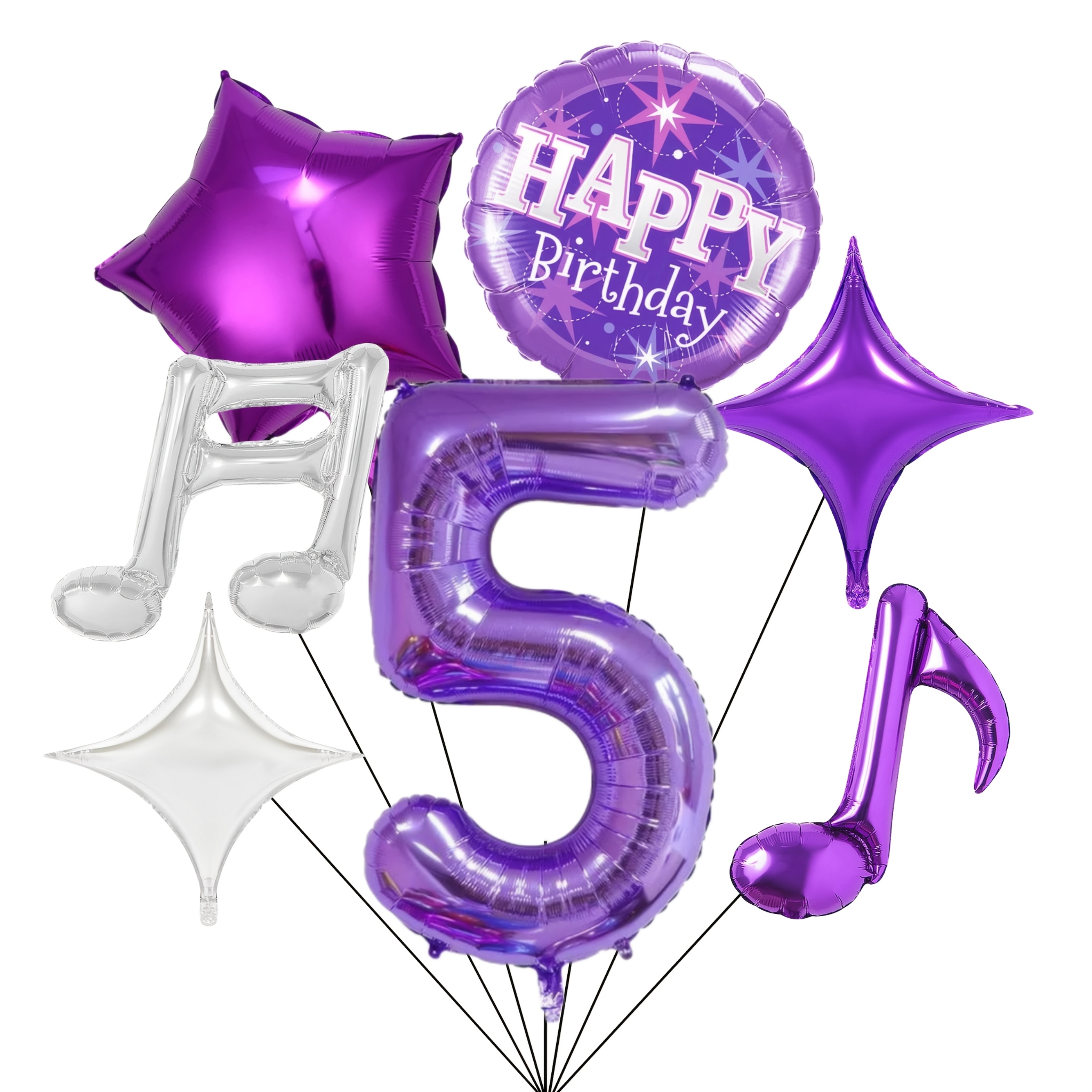 TEMU 7pcs Purple Music Theme Number Balloon Set, Note Balloon Kit With Happy Birthday Round Balloons, 32 Inch 1-9 Large Size Numbers, Birthday Party