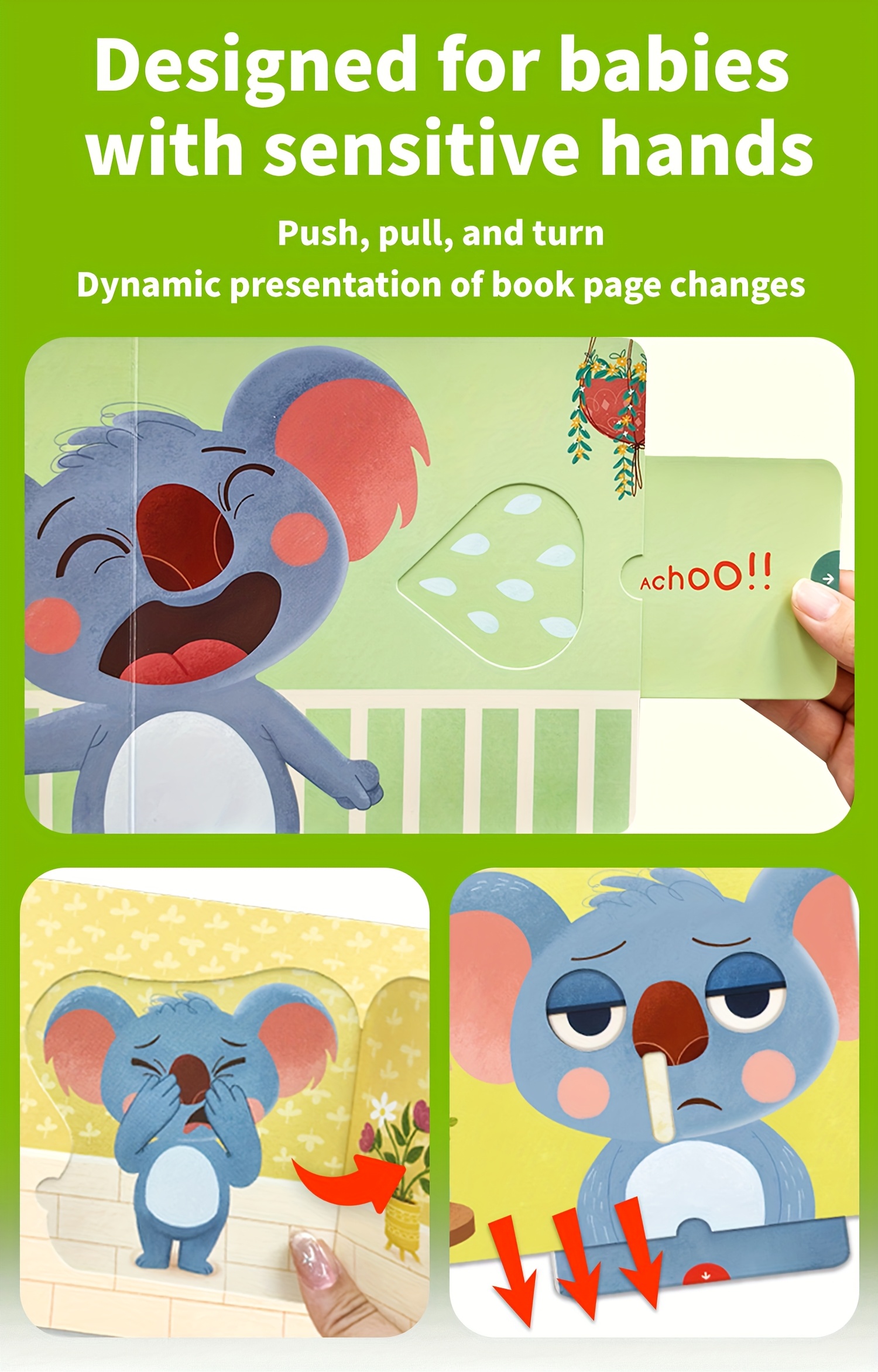 Baby busy book, Sneeze and Sniffle, Cultivates Good Hygiene Habits & Independent Operation Skills Fun Mechanical, Lift-the-Flap Books, interactive sensory book, clean habit, daily routine, english early learning, good behavioral habits in children, improve independent ability, fun mechanical books, hands-on ability, Christmas & Birthday Present, push and pull, kaola, lion, dianosaurs, sheep, farm cow, elephant, rooster, animals series.