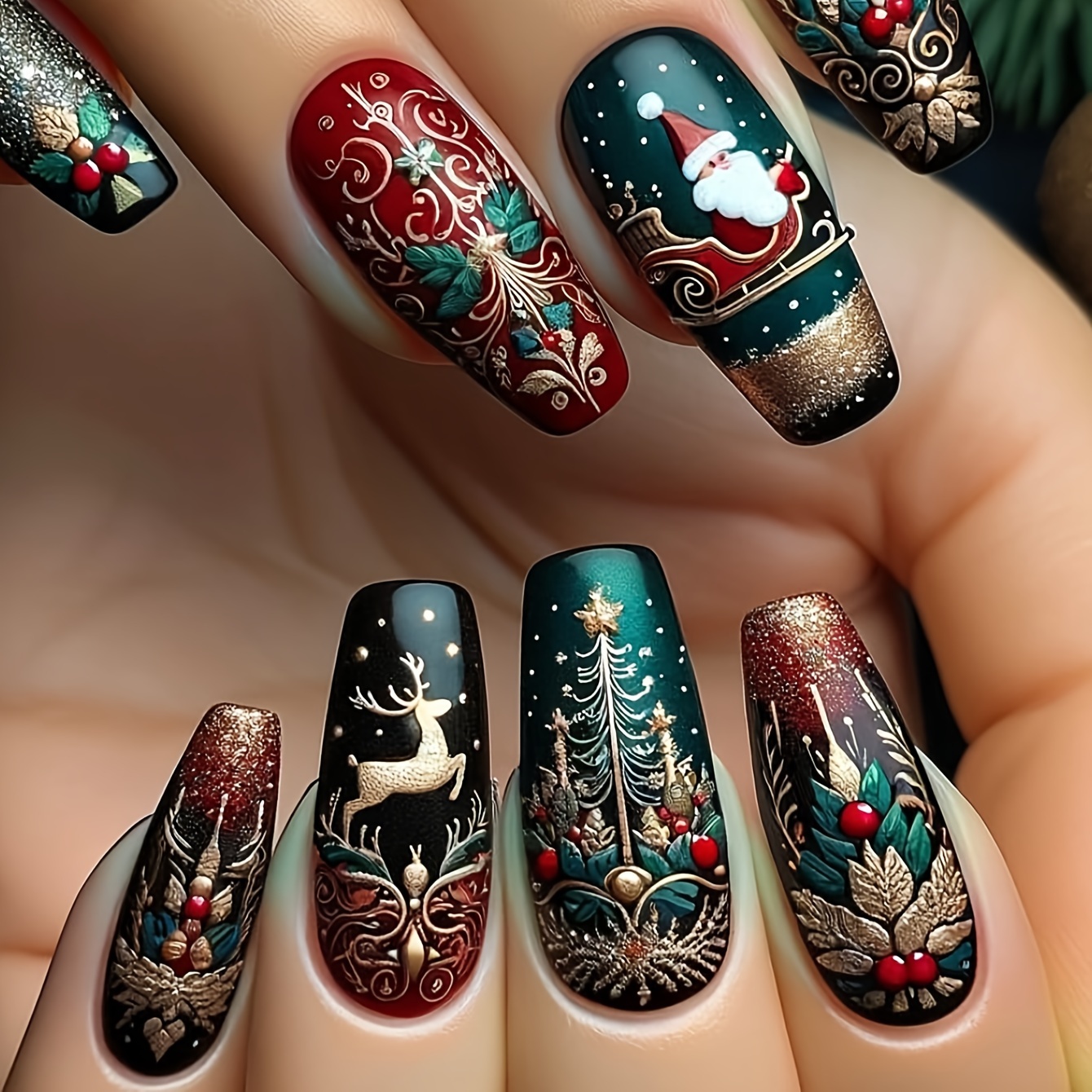 TEMU 24pcs Christmas Art Set, Long -on Nails, Red & , Reindeer & Christmas Tree , Glossy , Jelly Glue & File, For Women