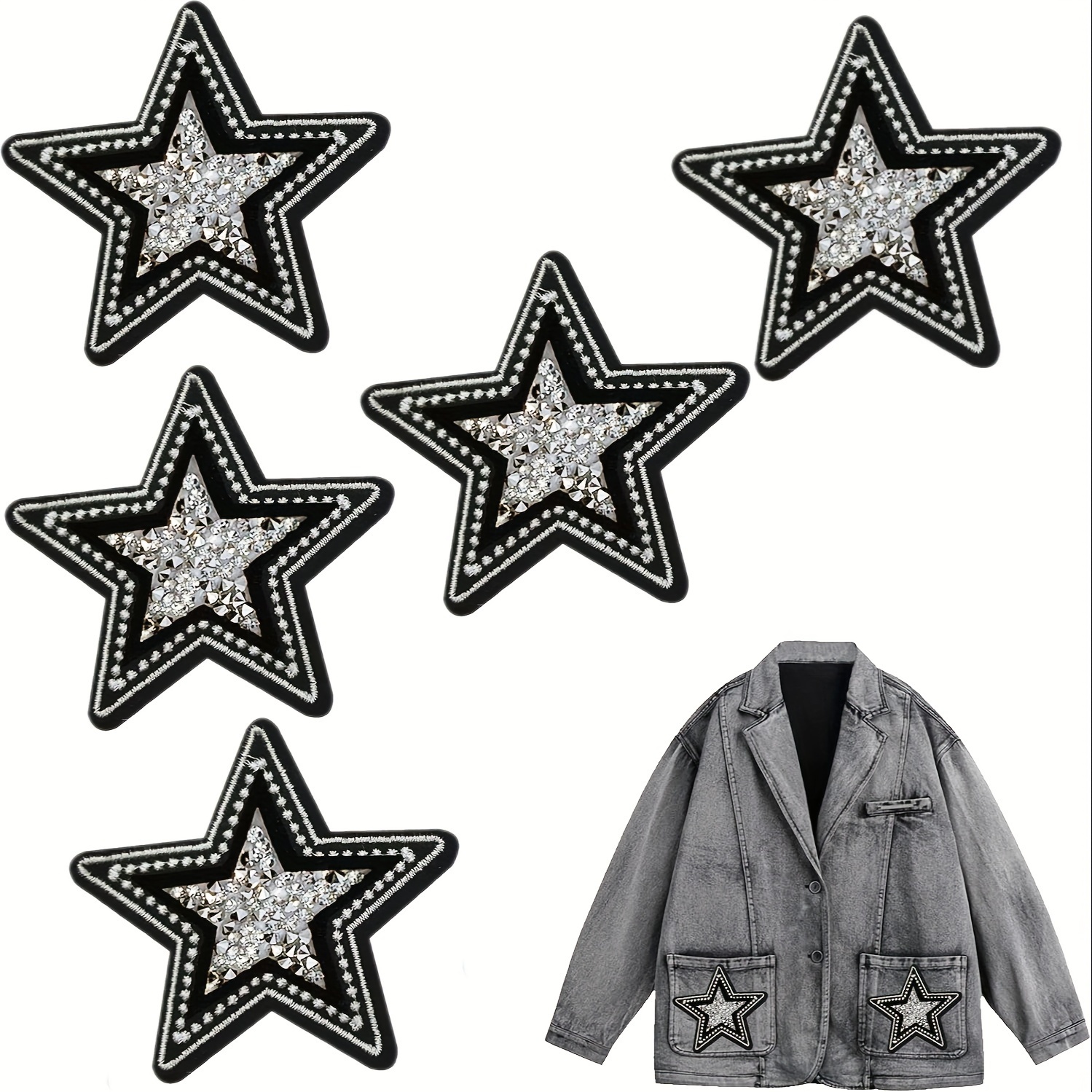 

5pcs Black & White Glitter Star Embroidered Patches, Iron-on Sewing Applique For Jackets, Jeans, Backpacks, Caps, Diy Arts & Crafts Decoration