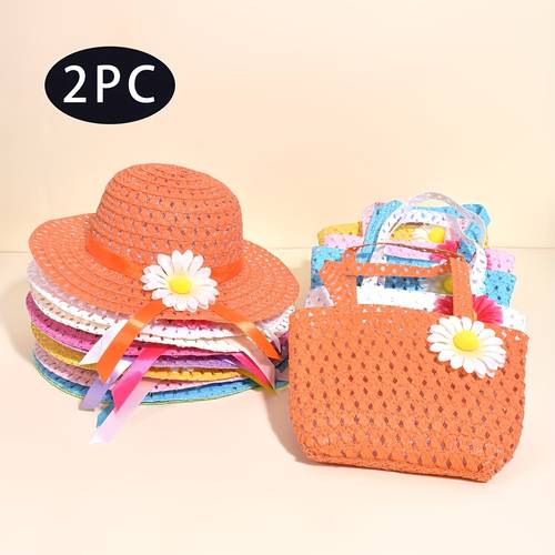 2pcs set girls floral straw sun hat and crossbody bag cute casual sporty hiking and trekking photography hat suitable for children and toddlers for outdoor vacations summer beach parties and day an ideal gift for kids