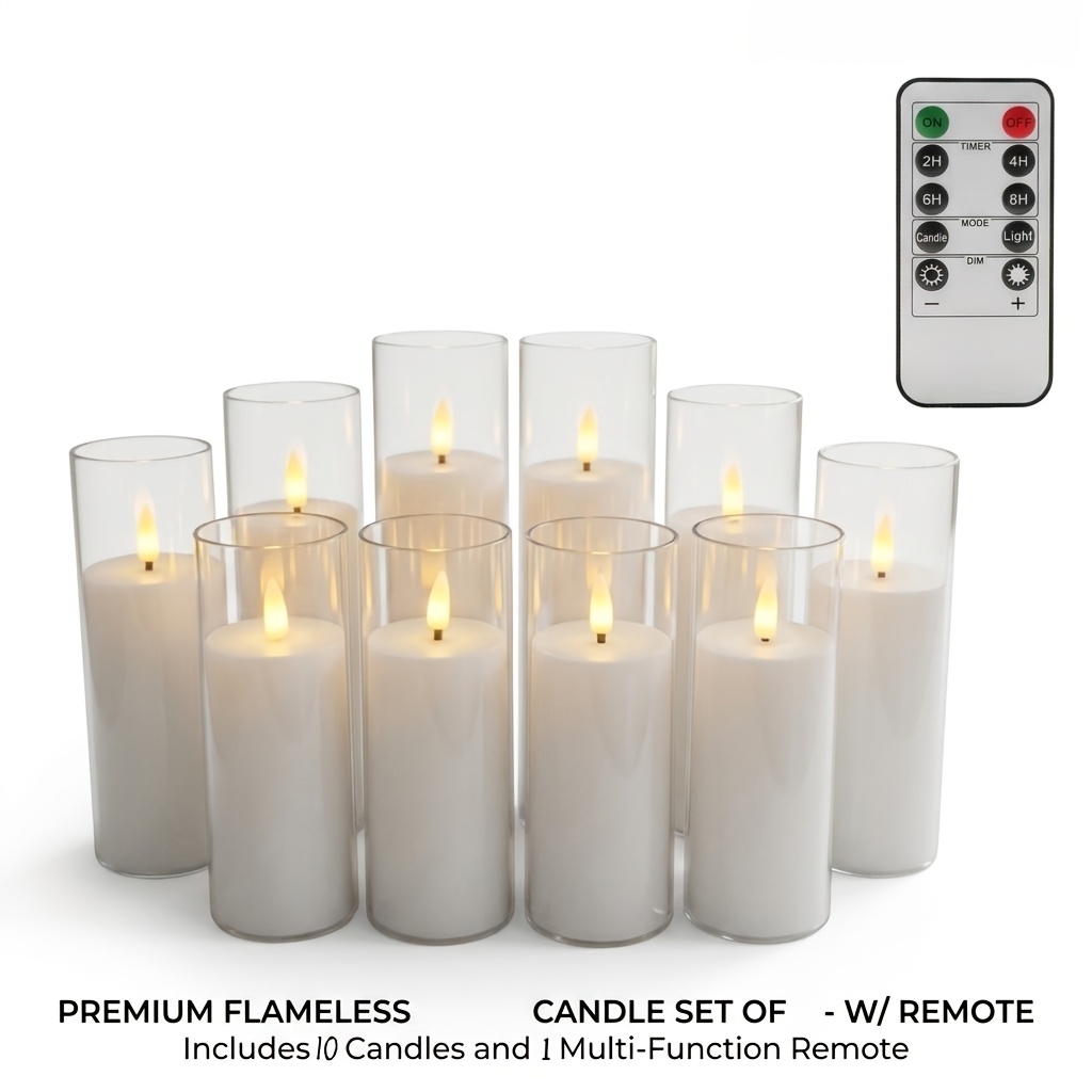 Image of Flickering Flameless Led Candles. This Set Includes 10 Clear Acrylic Pillar Candles With Remote Control. Battery-operated Light Set, An For And Romantic Atmosphere Decoration For Valentine's Day Dates