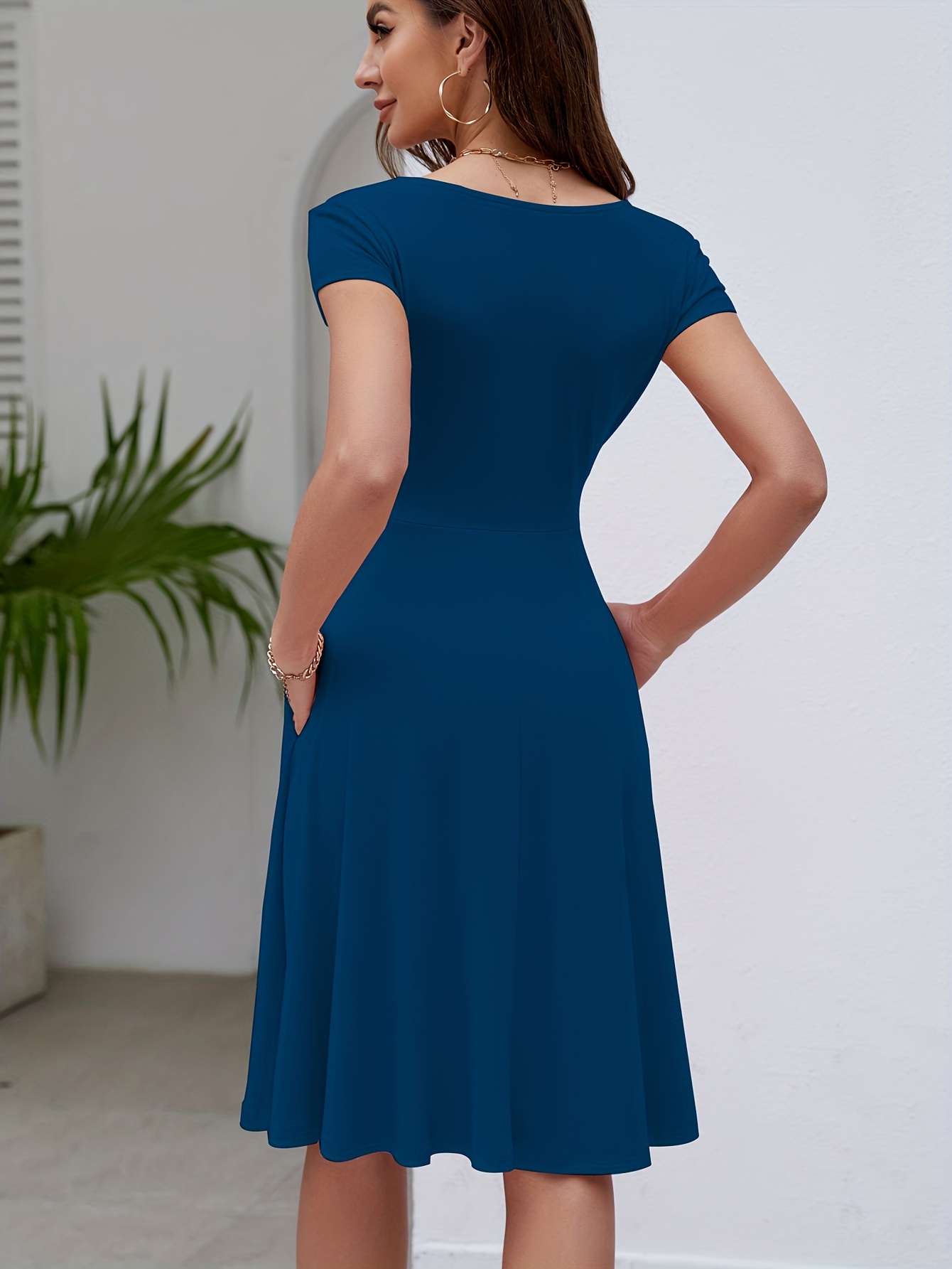 solid color short sleeve a line dress casual v neck knee length dress womens clothing peacock blue 1