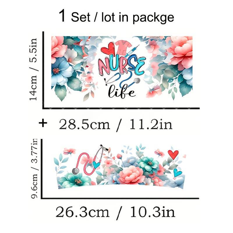 TEMU 2pcs Floral Nurse Theme Vinyl Transfer Paper, Suitable For 40oz Glass Cups, Decorative Pvc Transfer Paper, Uv Printed, Waterproof, ,