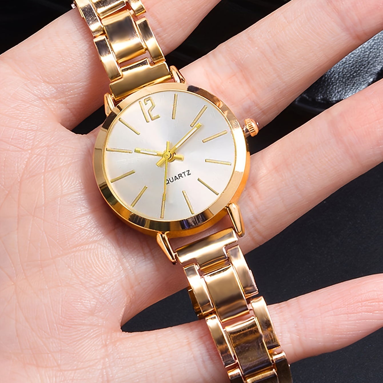 2 pcs golden round quartz watches zinc alloy strap zinc alloy pointer zinc alloy dial and alloy bracelet jewelry for women details 2