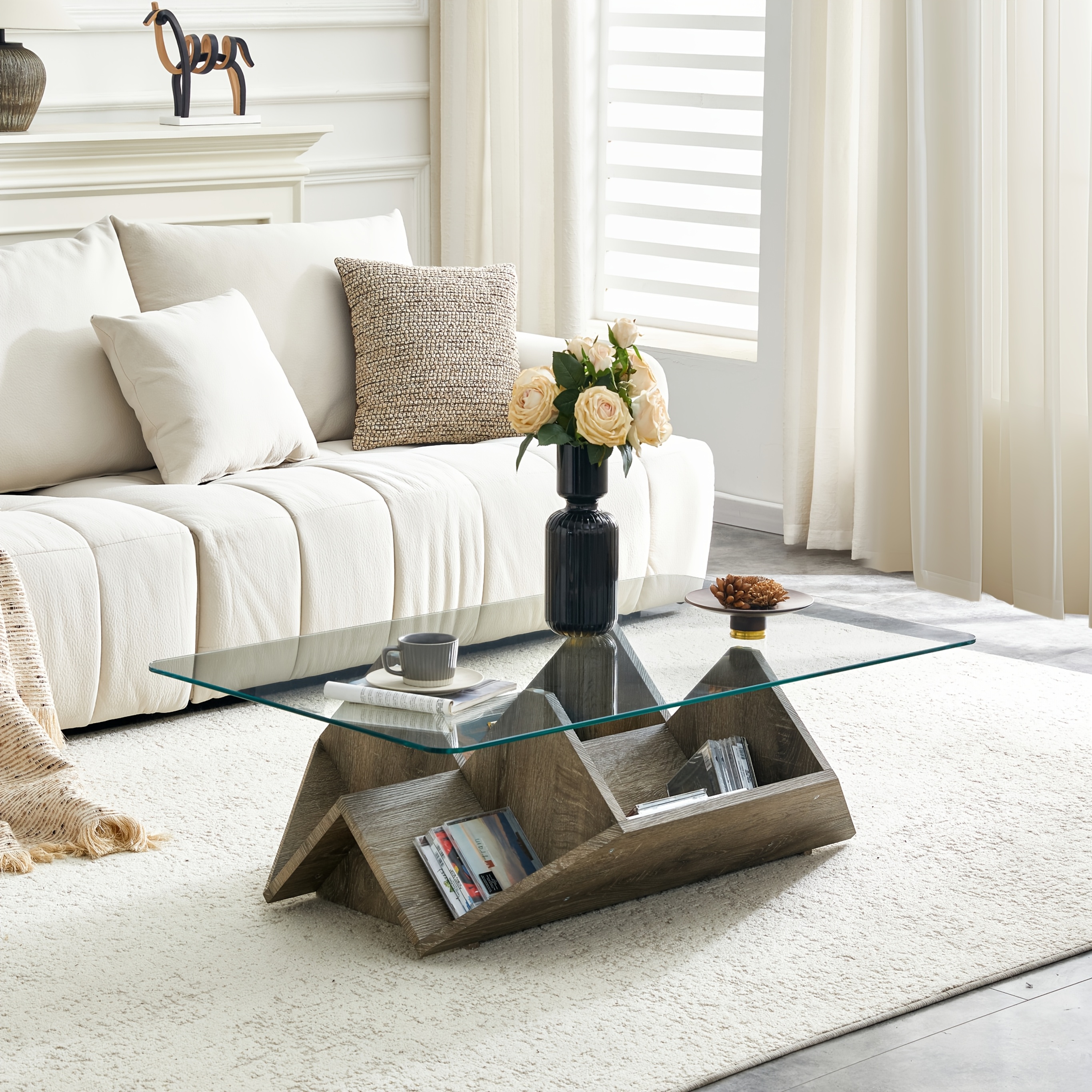 Coffee Table, Modern Multi-Storage Tempered Glass & MDF, Spacious Storage Compartments for Daily Essentials, Sturdy Construction Coffee Table for Living Room Bedroom Office, Contemporary Stylish Design Home Furniture with Ample Storage Space