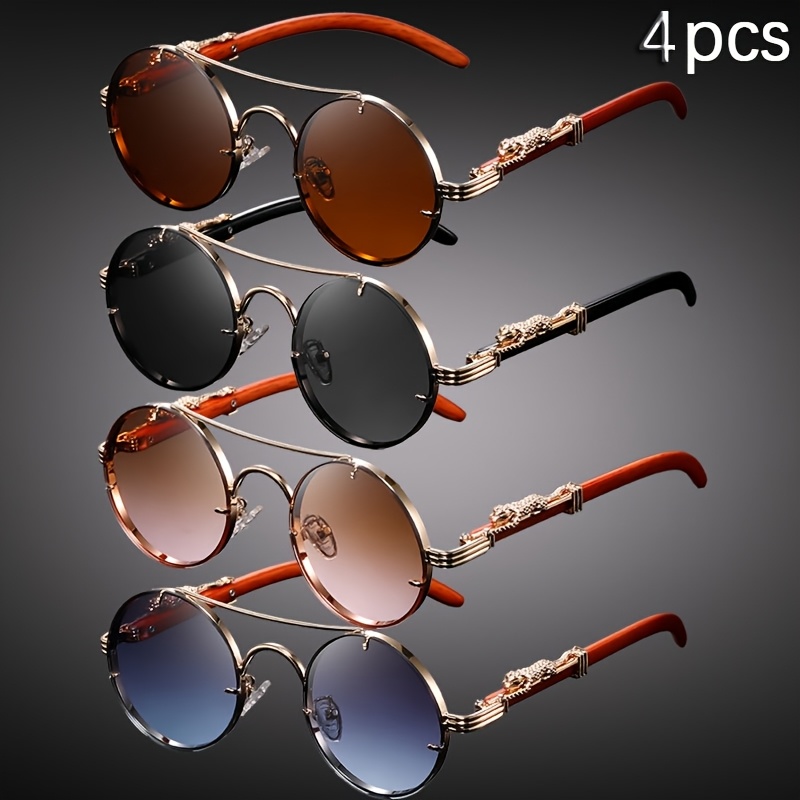 TEMU 4pcs Punk Rock Metal Round Glasses With Leopard Print Hinges And Fashionable Tortoiseshell Accents - Retro Round Frame, Pc Lenses, Perfect For