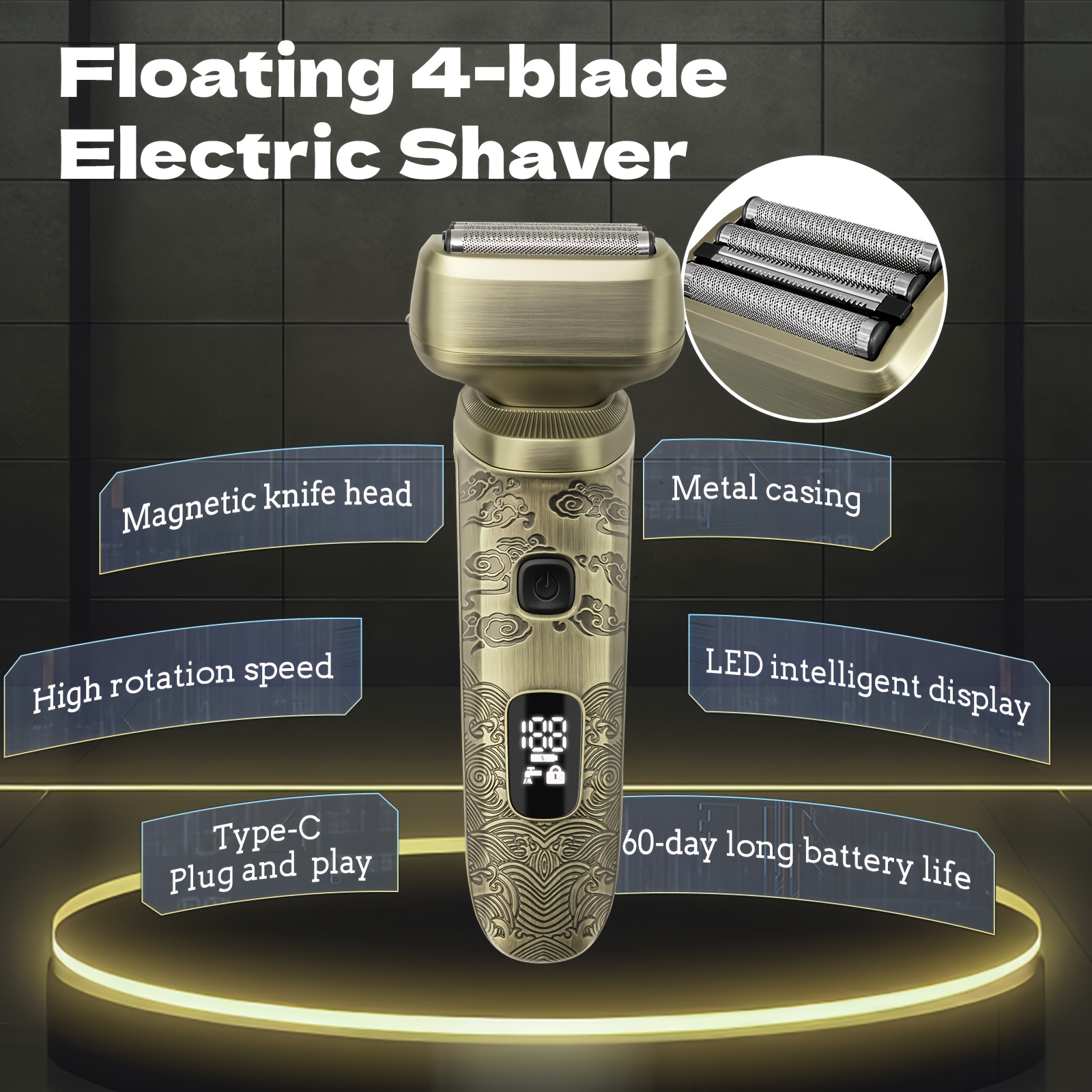 TEMU Electric Razors For Men, Men's Foil Shavers With 4 Cutter Heads, Facial Mustache Trimmers, Head Shavers For Bald Men, Barber Clippers, With Led