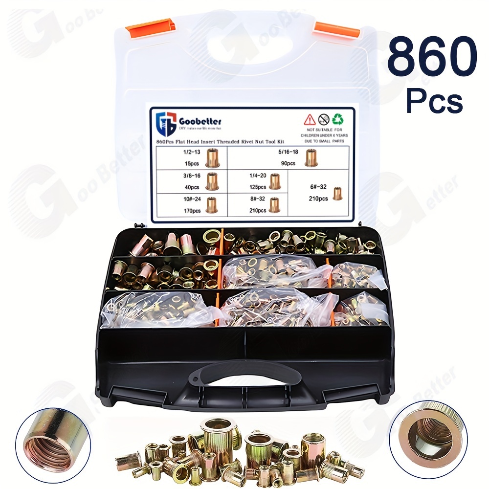 

860pcs Nut Kit, Sae 6#-32, 8#-32, 10#-24, 1/4"-20, 5/16"-18, 3/8"-16, 1/2"-13, Zinc , Steel Nut For Auto, & Projects