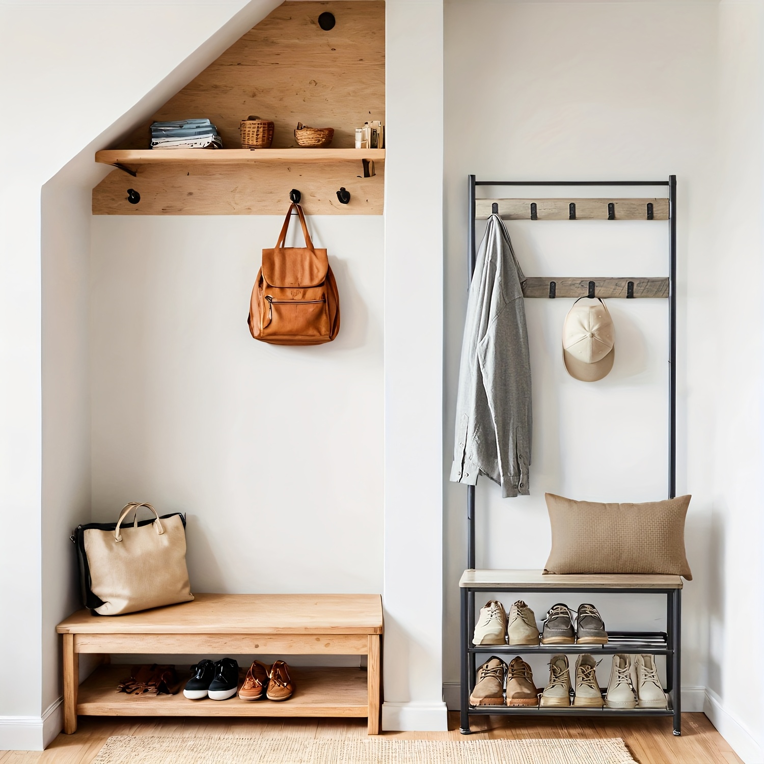 E-shop Garderobe, Flur Schrank, Garderoben Set, Kleiderständer mit Sitzbank und Schuhregal, Haken, Metallgestell, Höhe 175 cm, Industrial Style