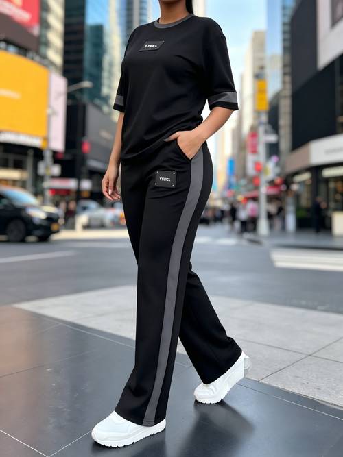 athleisure 2pcs set for women short sleeve crew neck top side stripe wide leg pants matching outfits with pockets casual sweatsuit for spring summer fall loose fit loungewear set soft comfortable fabric coordinated big shipments from local