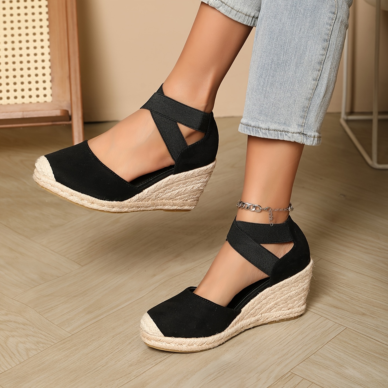 

| Women's Elegant Black Espadrille Wedge Heels With Straps - Comfortable Sole, Fashionable Footwear, Office Footwear | Strap Sandals | Woven Texture Sole