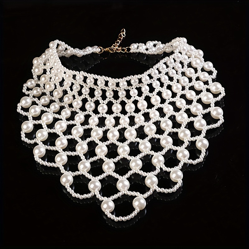  woven faux pearl choker necklace exaggerated clavicle collar chain elegant chunky statement bib necklace jewelry for women sexy cute style details 2