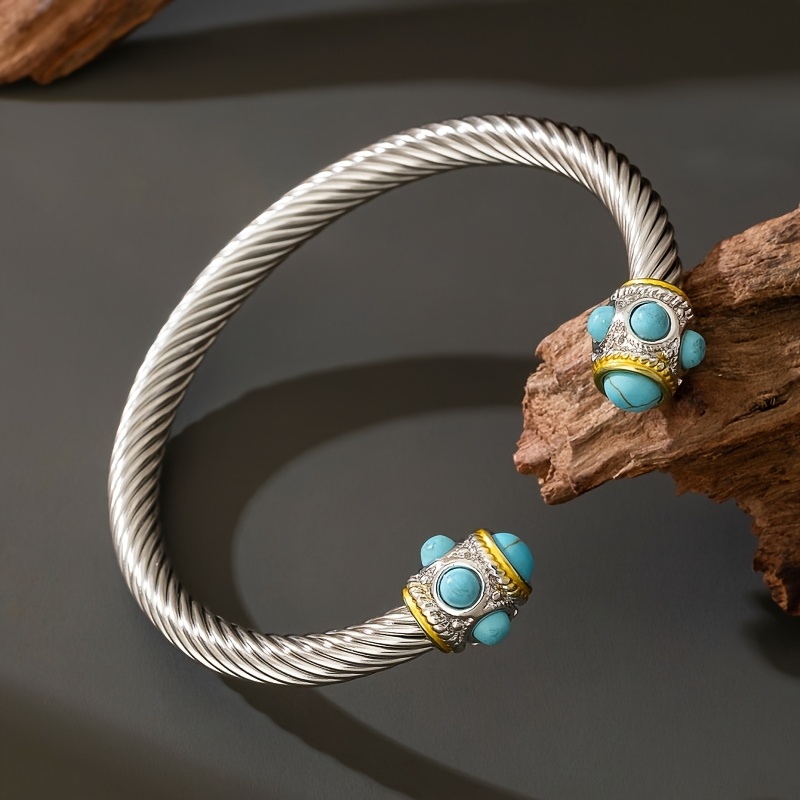 Women's Vintage Blue Synthetic Stone Open Bangle Bracelet, Adjustable