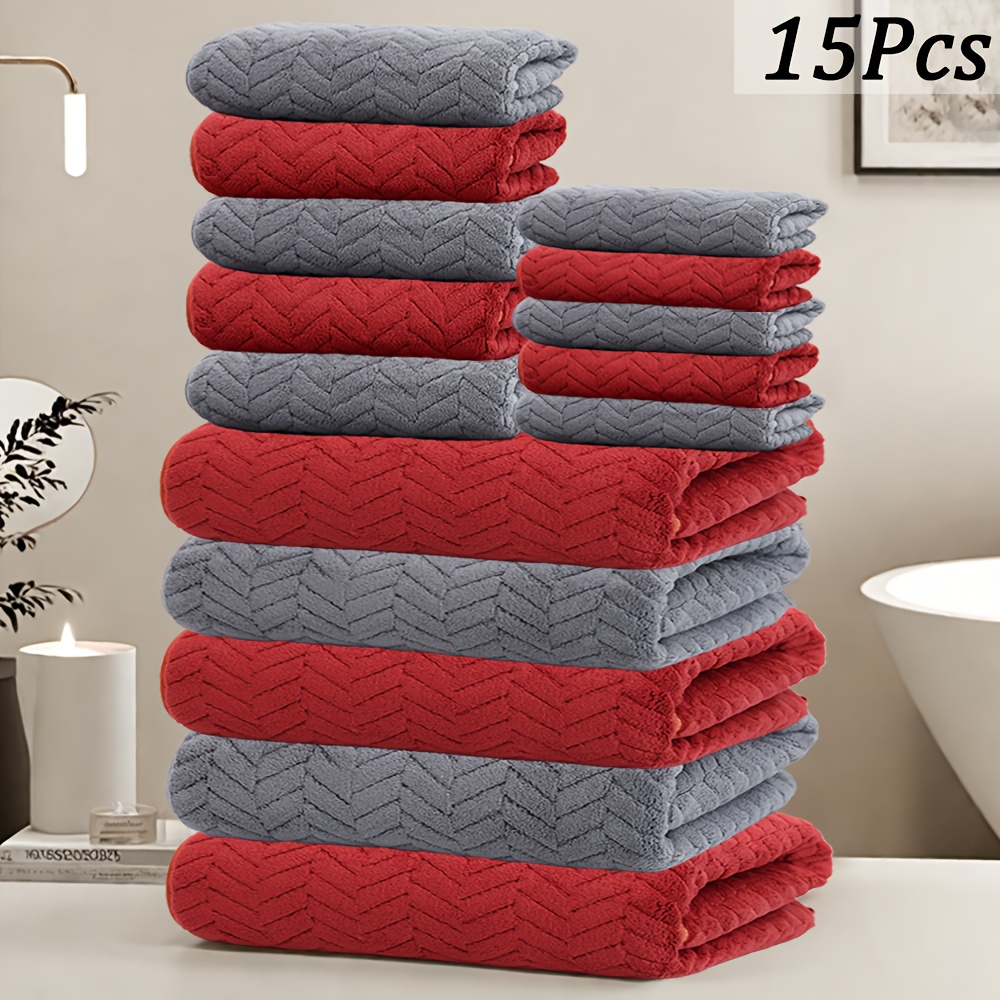 TEMU 15pcs Bath Towel Set, Wheat Ear Pattern, Microfiber Material, Soft And Comfortable, Absorption, Family Set, Suitable For Bathroom Shower, Hotel, Sauna, Optional, Wash Cloths