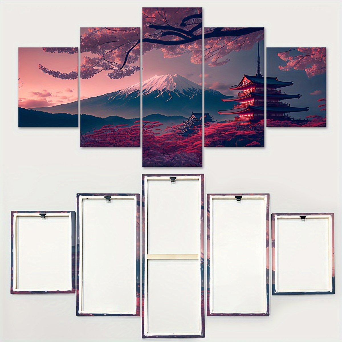 2D Plat 5 stuks Lijst Fuji Sneeuwberg Sakura Boom Canvas Poster